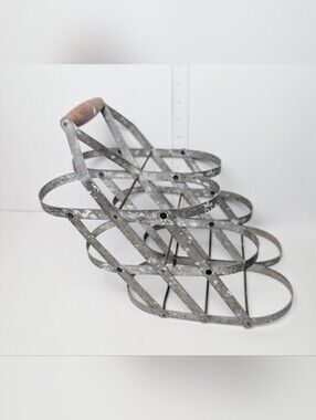Vintage Authentic French Metal Bottle Carrier Galvanized Metal w Wooden Handle